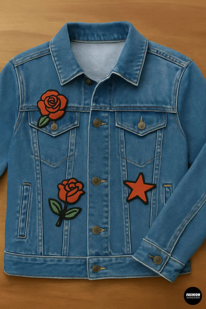 Front view of a denim jacket decorated with red rose and orange star iron-on patches for a trendy DIY style.