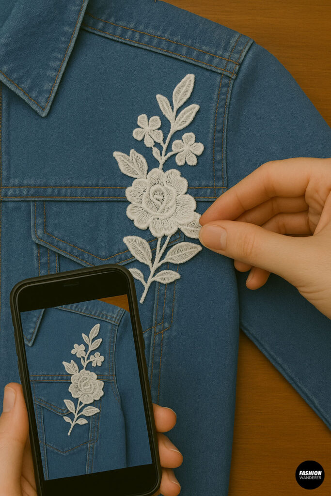 Hand holding a phone to photograph a floral appliqué positioned on a denim jacket during a DIY tutorial.