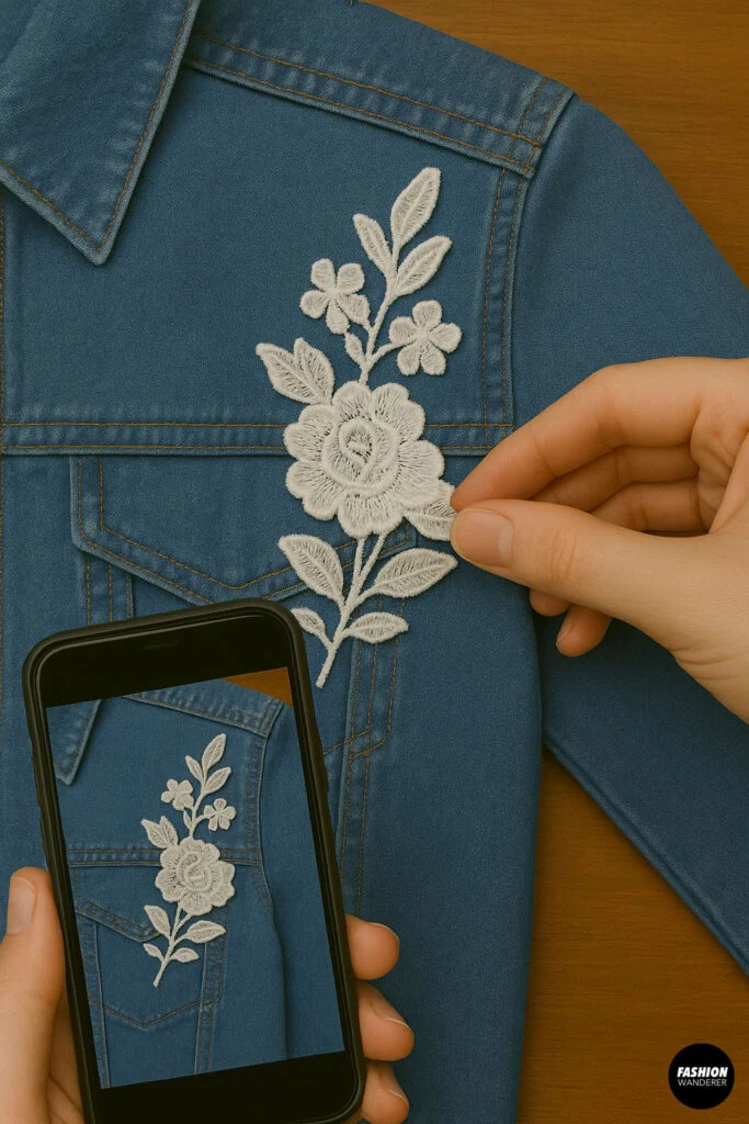 Hand holding a phone to photograph a floral appliqué positioned on a denim jacket during a DIY tutorial.