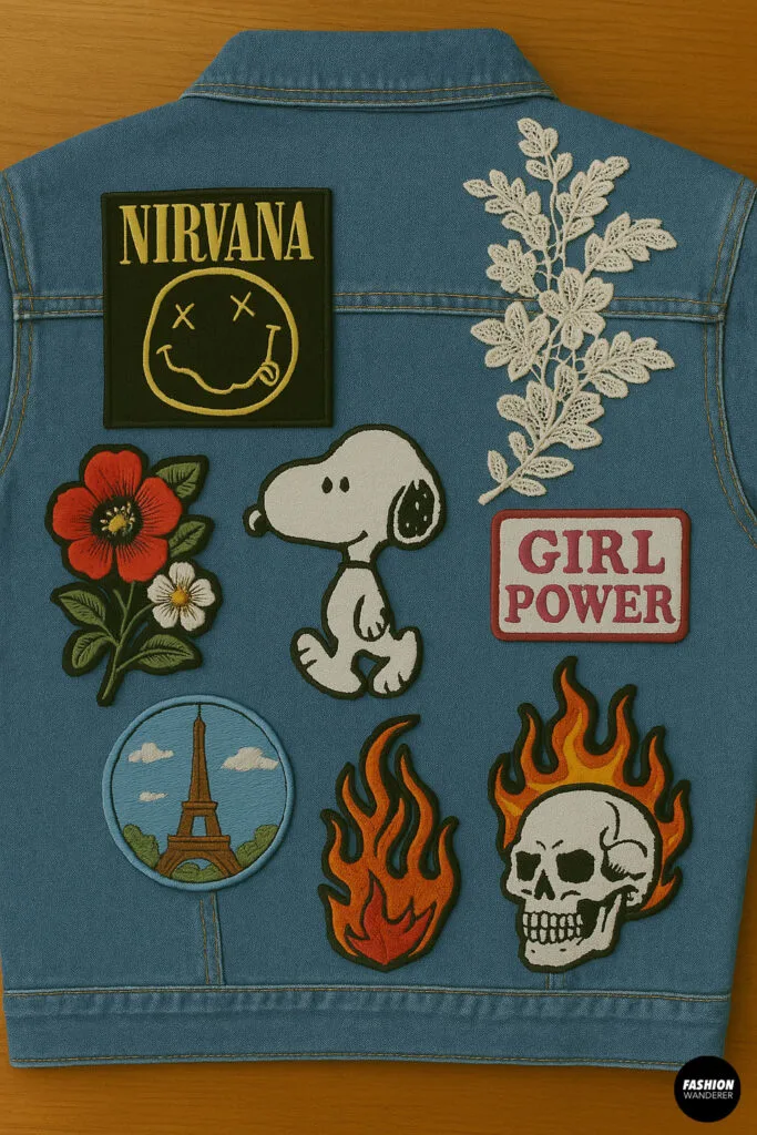 Back view of a denim jacket with colorful iron-on patches including Nirvana logo, Snoopy, flowers, Eiffel Tower, flames, skull, and “Girl Power” text for a DIY customized look.