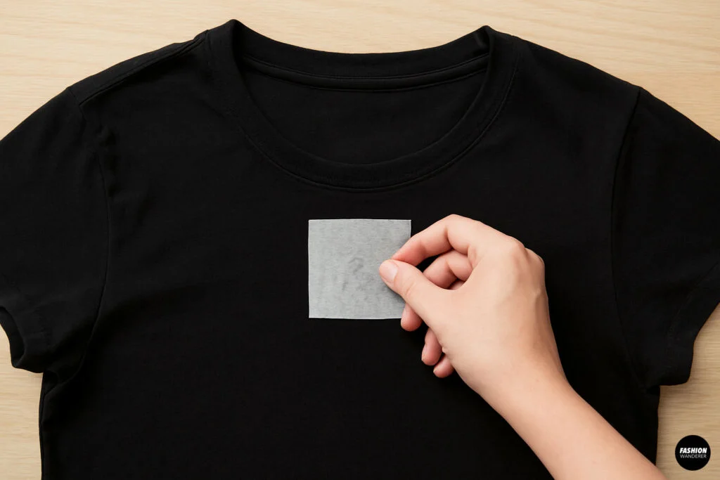 Hand positioning a fusible interfacing patch onto a black T-shirt for heat-activated no-sew hole repair.