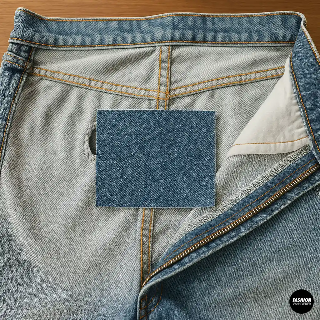 Close-up of denim patch positioned on the inside of jeans over a crotch hole with fly unzipped.