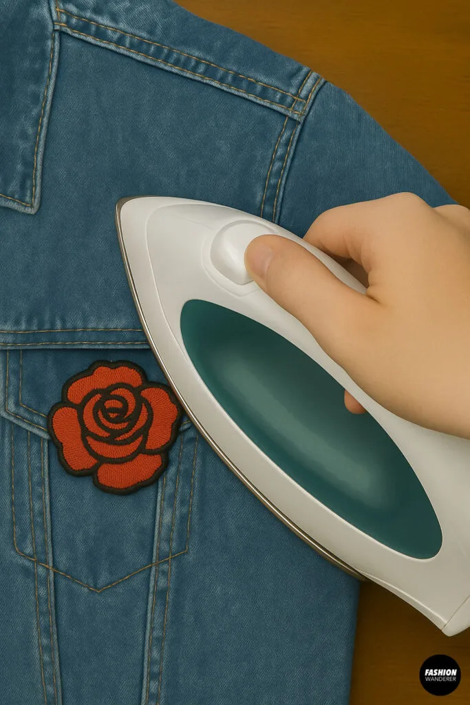 Hand using a white and teal iron to press a red rose patch onto the front of a denim jacket.