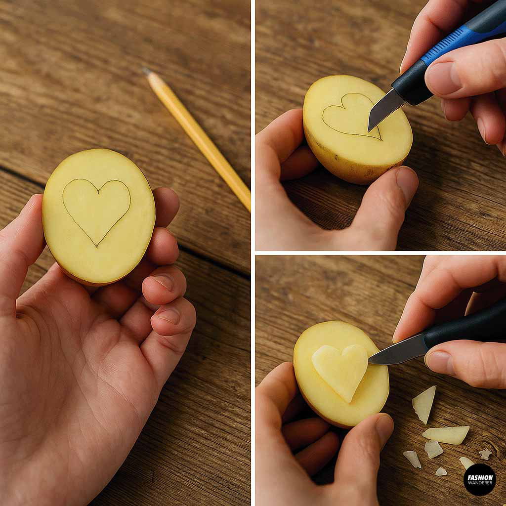 Carving a heart shape into a sliced potato to create a DIY stamp for fabric printing.