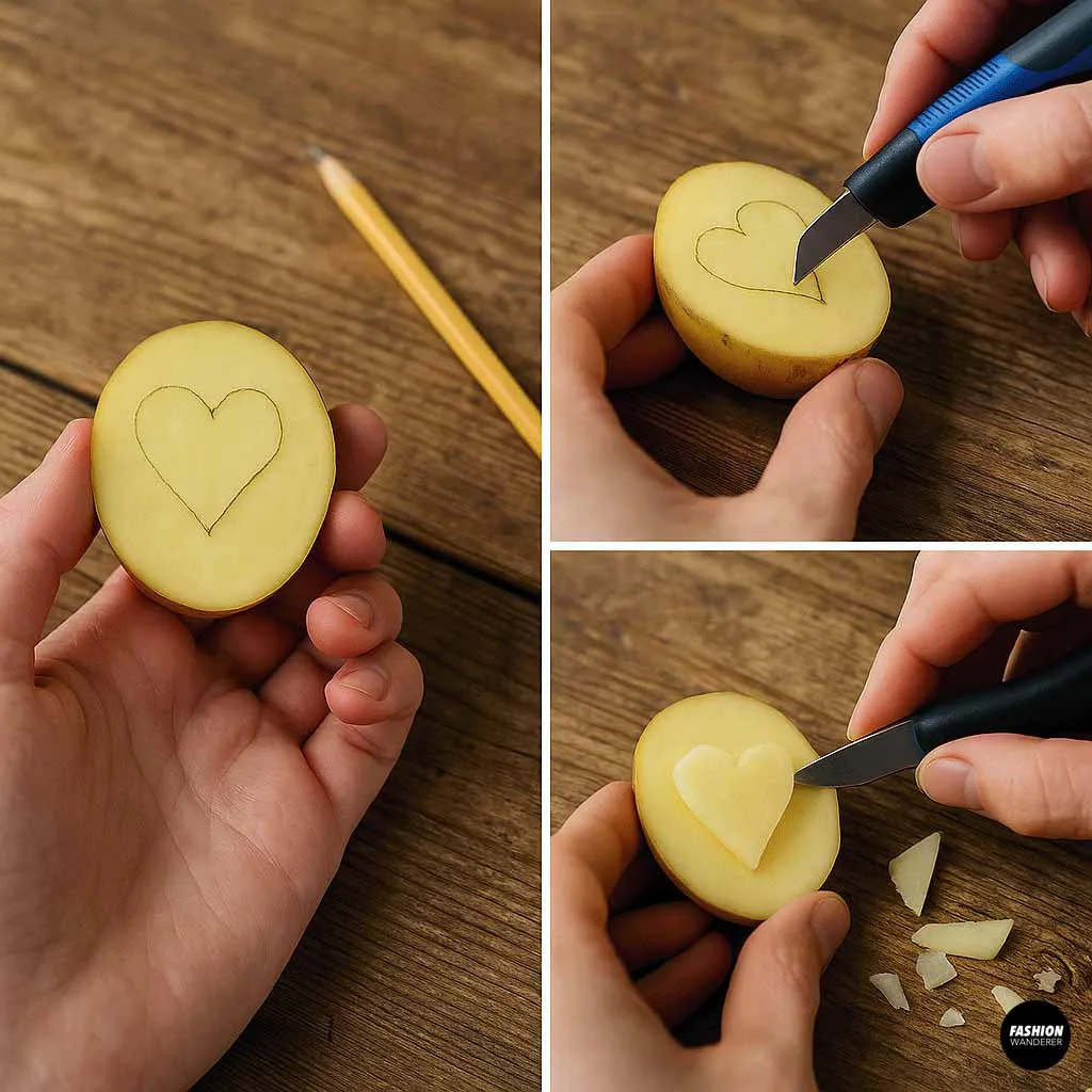 Carving a heart shape into a sliced potato to create a DIY stamp for fabric printing.