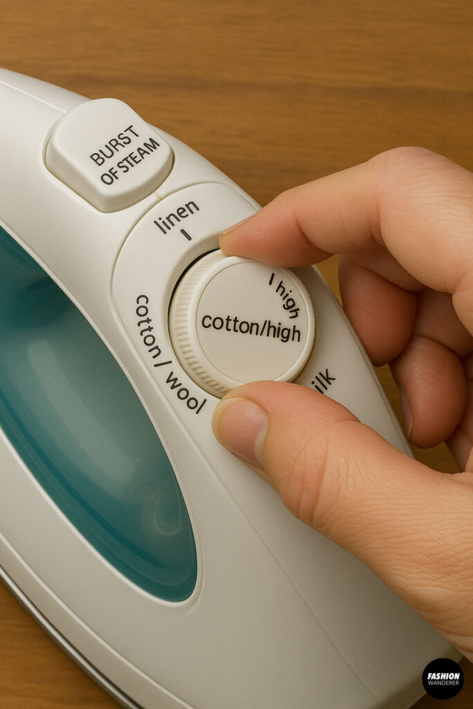 Close-up of a hand adjusting an iron temperature dial to “cotton/high” for applying iron-on patches.