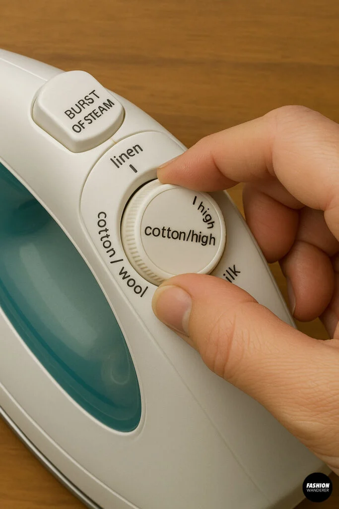 Close-up of a hand adjusting an iron temperature dial to “cotton/high” for applying iron-on patches.