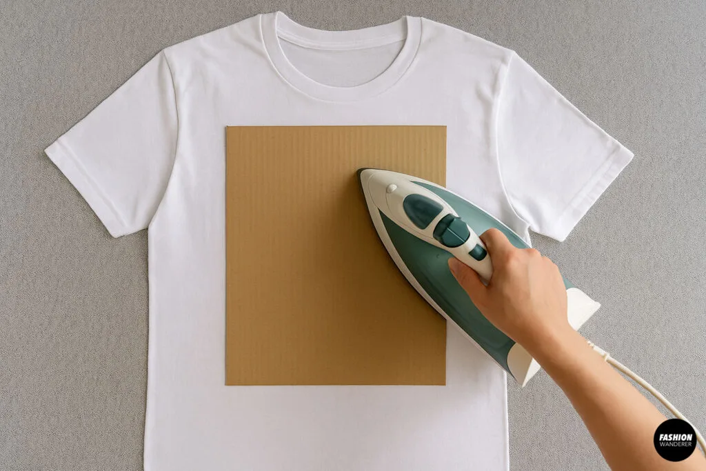 Ironing a plain white t-shirt with cardboard insert to prep for painting — essential step to smooth wrinkles and create a stable surface for fabric paint.