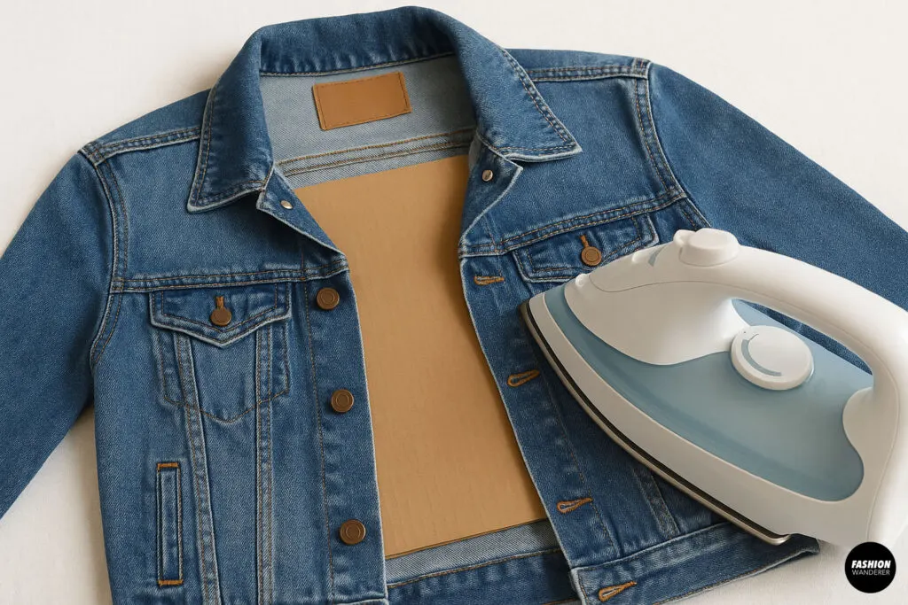 Ironing a cardboard-inserted denim jacket from the inside to prep for fabric painting.