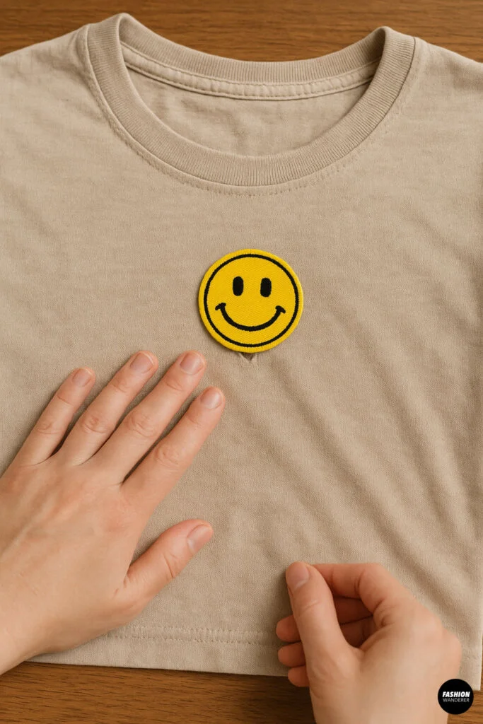 Hands smoothing a completed patch on a beige T-shirt to ensure proper placement and adhesion.