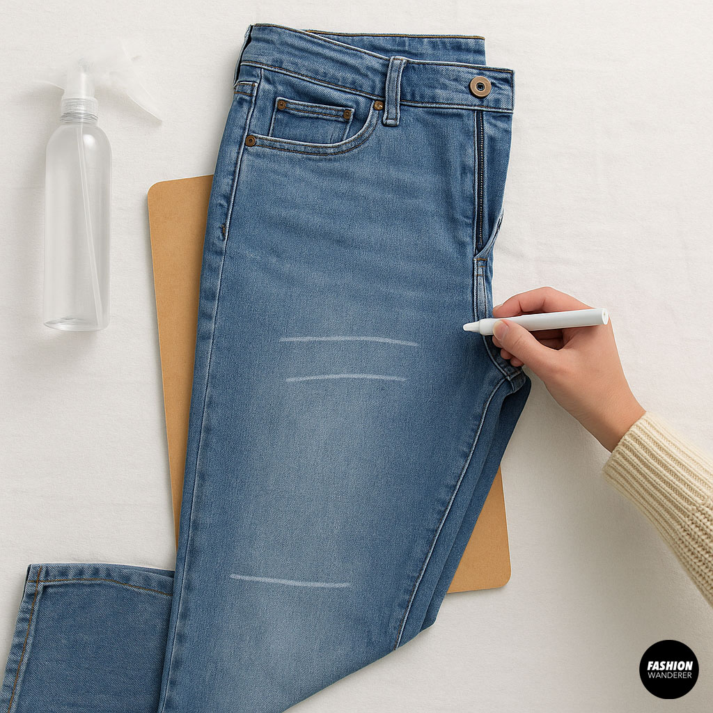 Blue jeans laid flat with spray bottle and cardboard for DIY denim distressing setup.