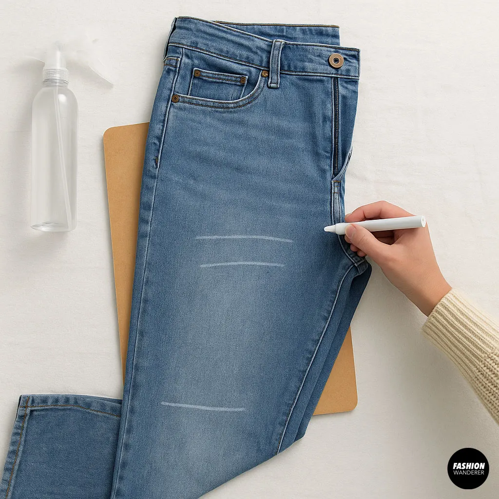 Blue jeans laid flat with spray bottle and cardboard for DIY denim distressing setup.