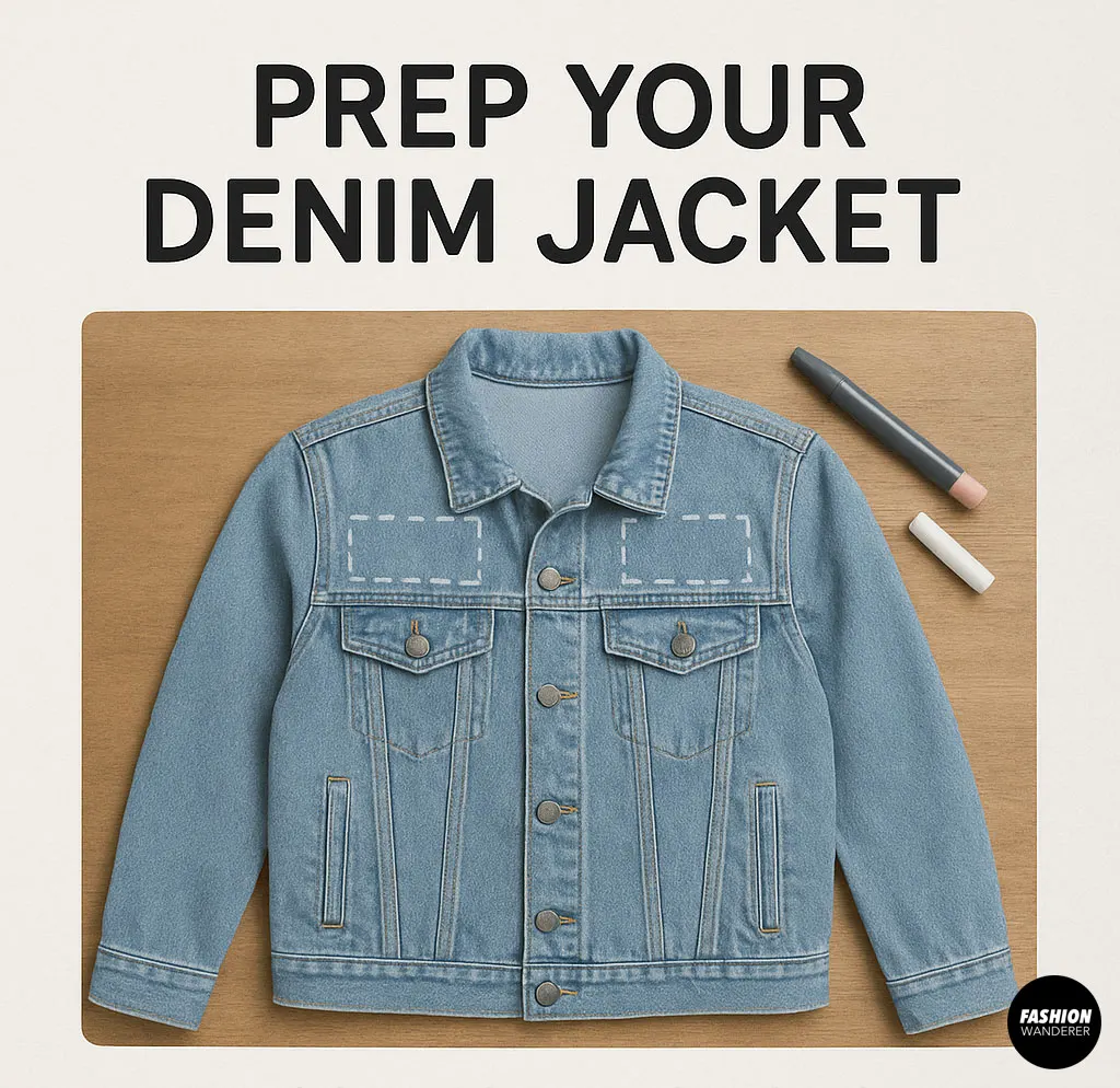 Plain denim jacket laid flat on a wood surface with chalk lines marking areas for design, alongside white and pink chalk markers.