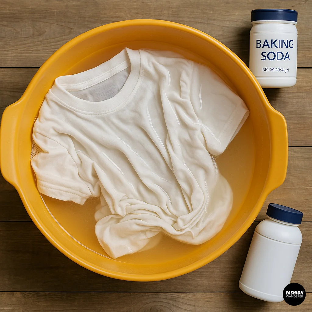 Top-down photo of a white cotton t-shirt placed in a plastic bin filled with water and baking soda, preparing for ice dyeing with essential materials for the project arranged beside it.