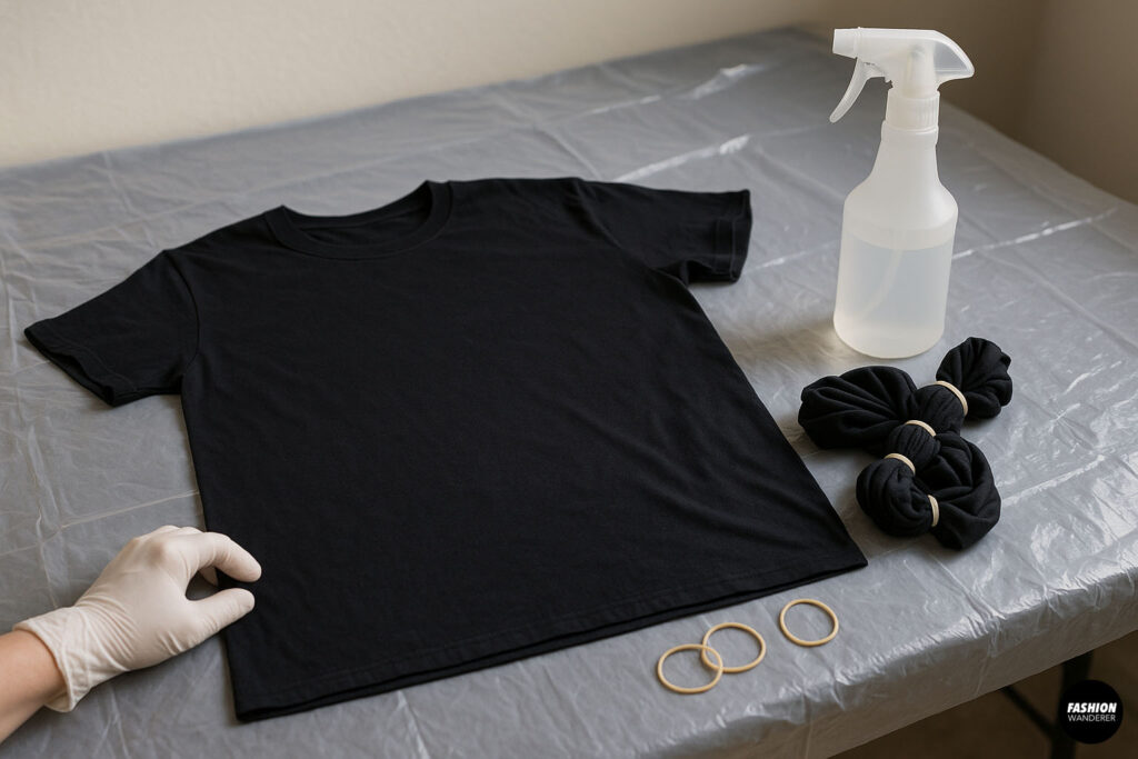 Black t-shirt laid flat with spray bottle and pre-tied rubber-banded shirt sections — workspace setup for safe and clean DIY bleach dyeing.