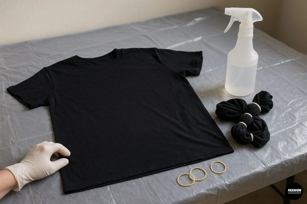 Black t-shirt laid flat with spray bottle and pre-tied rubber-banded shirt sections — workspace setup for safe and clean DIY bleach dyeing.