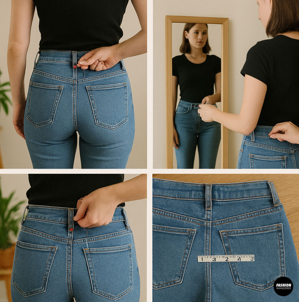 Woman trying on jeans and marking waistband fit with chalk and measuring tape before altering