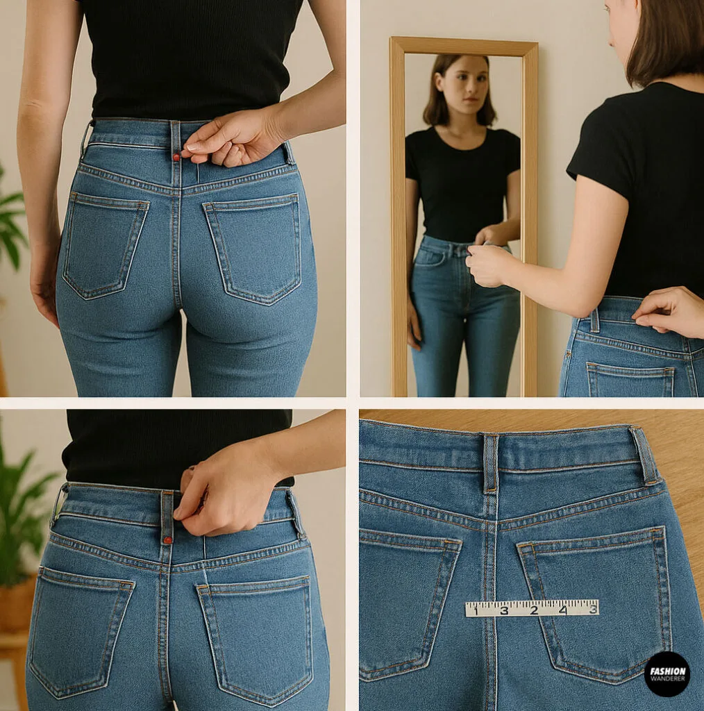 Woman trying on jeans and marking waistband fit with chalk and measuring tape before altering