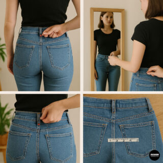 Woman trying on jeans and marking waistband fit with chalk and measuring tape before altering