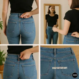 Woman trying on jeans and marking waistband fit with chalk and measuring tape before altering