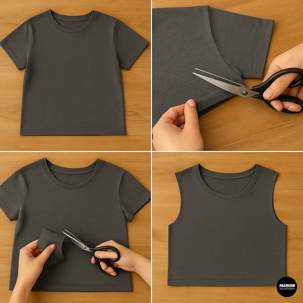 Four-panel instructional collage demonstrating how to prepare a dark gray T-shirt for upcycling into dog clothes by cutting off the bottom hem and sleeves with scissors.