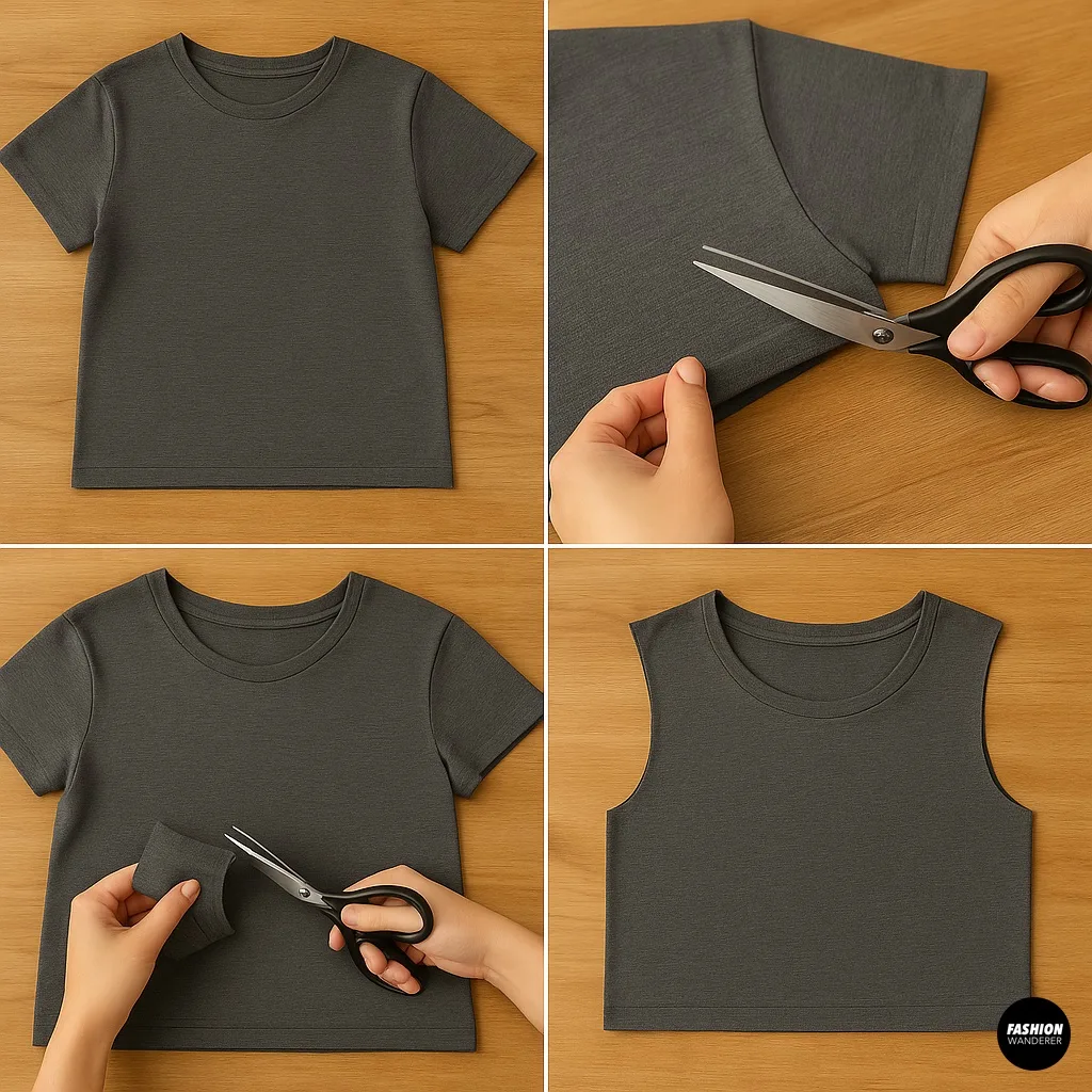 Four-panel instructional collage demonstrating how to prepare a dark gray T-shirt for upcycling into dog clothes by cutting off the bottom hem and sleeves with scissors.