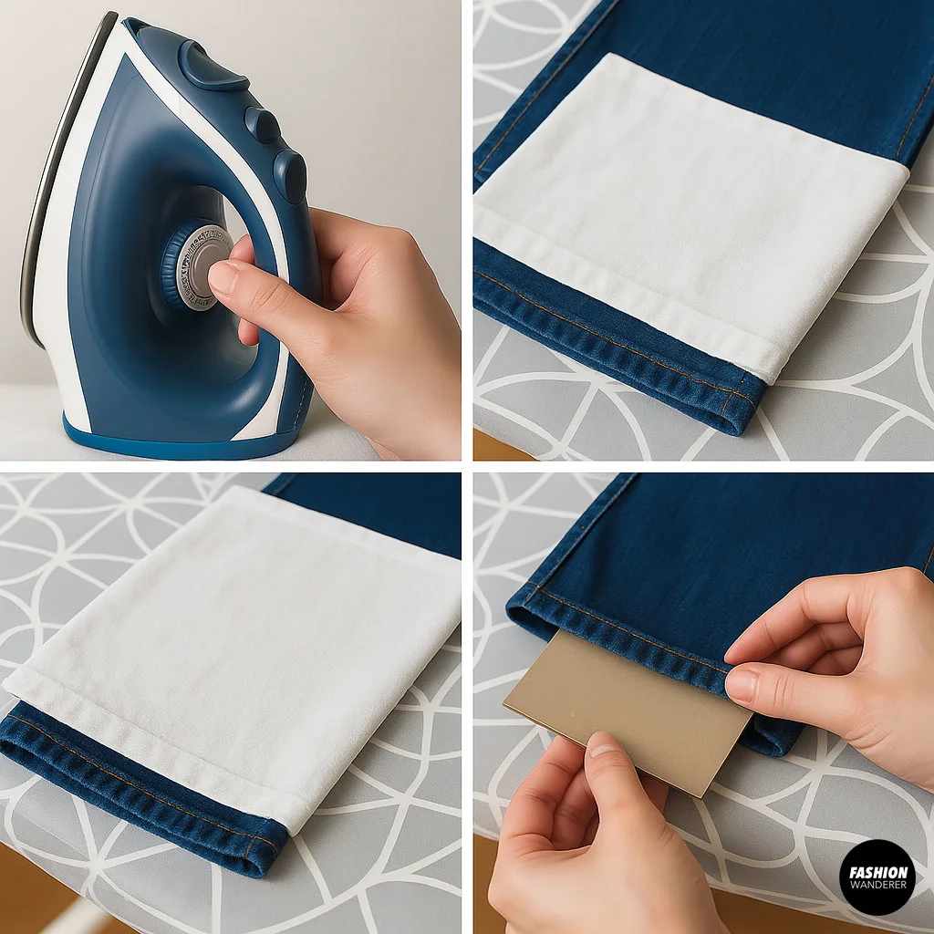 Close-up collage of ironing over hemming tape and using a cloth barrier to securely bond the hem on denim jeans.