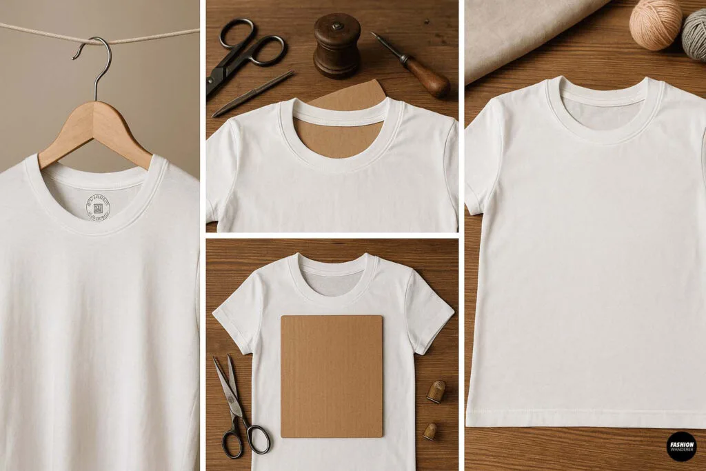 Plain white t-shirt laid flat with cardboard insert and sewing tools for prepping before stamping design.