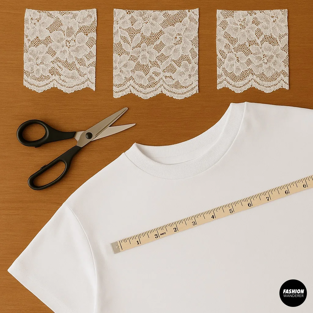 Flat lay of three cut lace fabric panels, measuring tape, and scissors next to a white T-shirt, ready for sewing lace inserts.