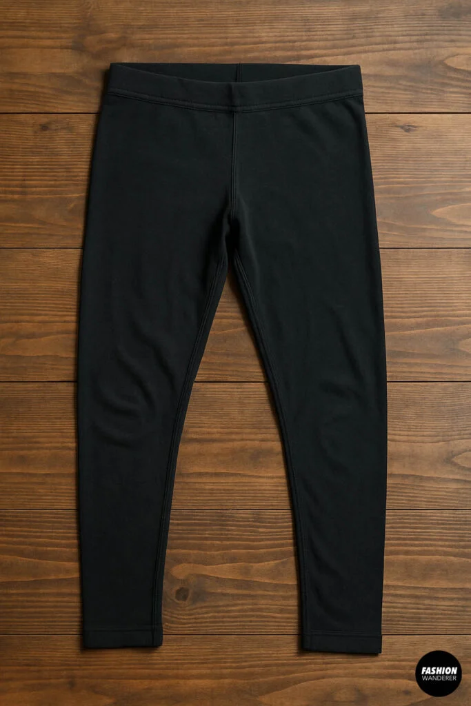 Black leggings laid flat on a wooden surface ready for cutting, showing smooth fabric with no wrinkles.