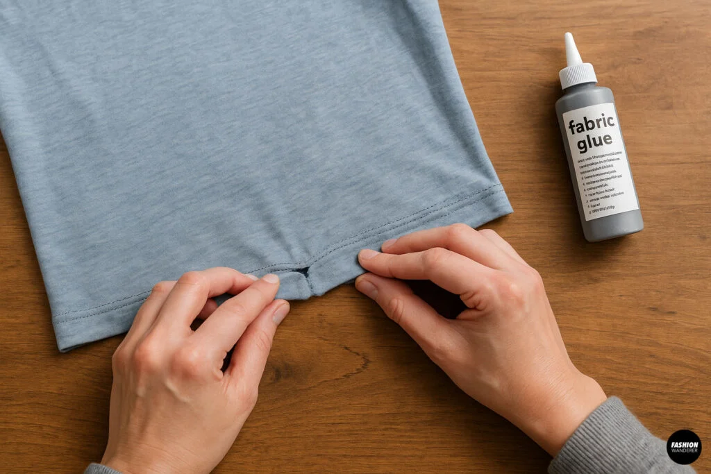 Hands folding the hem of a light blue T-shirt and applying fabric glue to fix a tear.