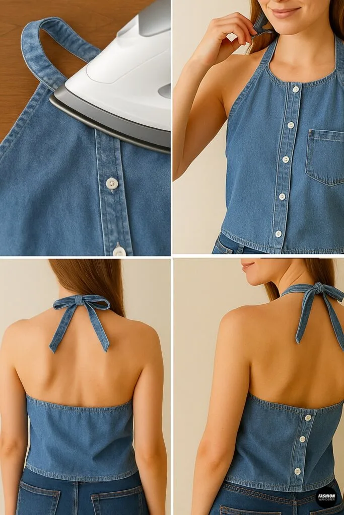 Final steam press and try-on of the denim halter top showing the front, side, and back views tied around the neck with a bow, ready to wear.