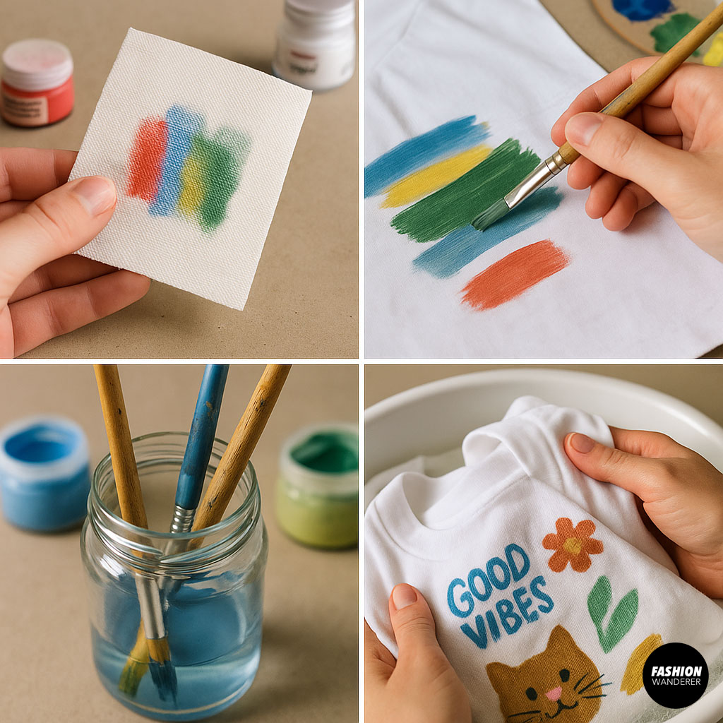 Four-step collage offering expert tips for DIY t-shirt painting — features color swatches, paint strokes on fabric, brush cleaning in water, and gentle hand-washing of finished design.