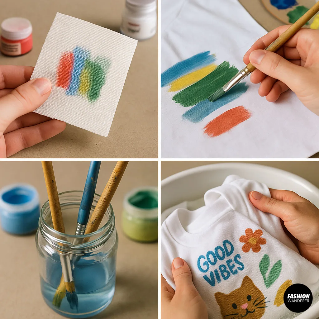 Four-step collage offering expert tips for DIY t-shirt painting — features color swatches, paint strokes on fabric, brush cleaning in water, and gentle hand-washing of finished design.