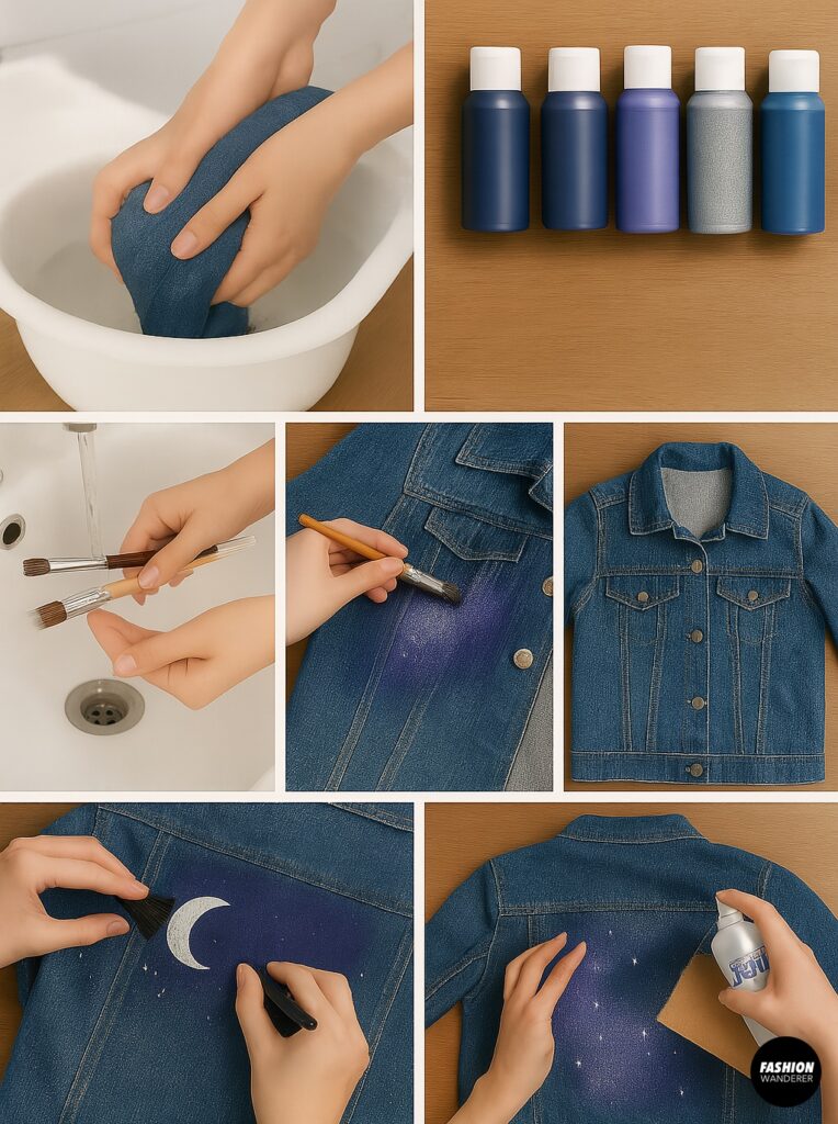 Collage of six pro tips images for painting denim jackets: rinsing brushes, lineup of fabric paint bottles, cleaning brushes under faucet, sponge-blending color on denim, applying sealant spray, close-up of glittery accents.