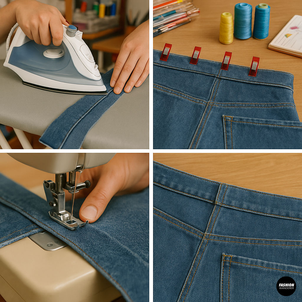 Pinning, sewing, and topstitching waistband back onto jeans using sewing machine and iron