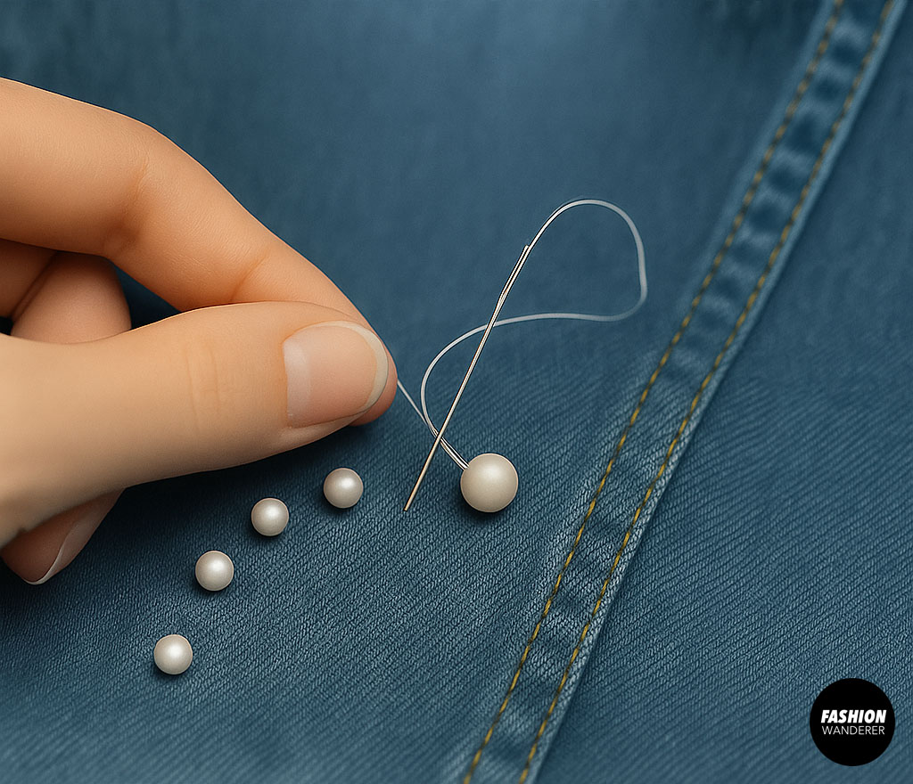 Step-by-step DIY photo showing how to thread and hand-sew pearl beads onto denim fabric with white thread and embroidery needle.