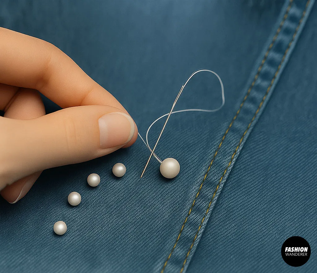 Step-by-step DIY photo showing how to thread and hand-sew pearl beads onto denim fabric with white thread and embroidery needle.