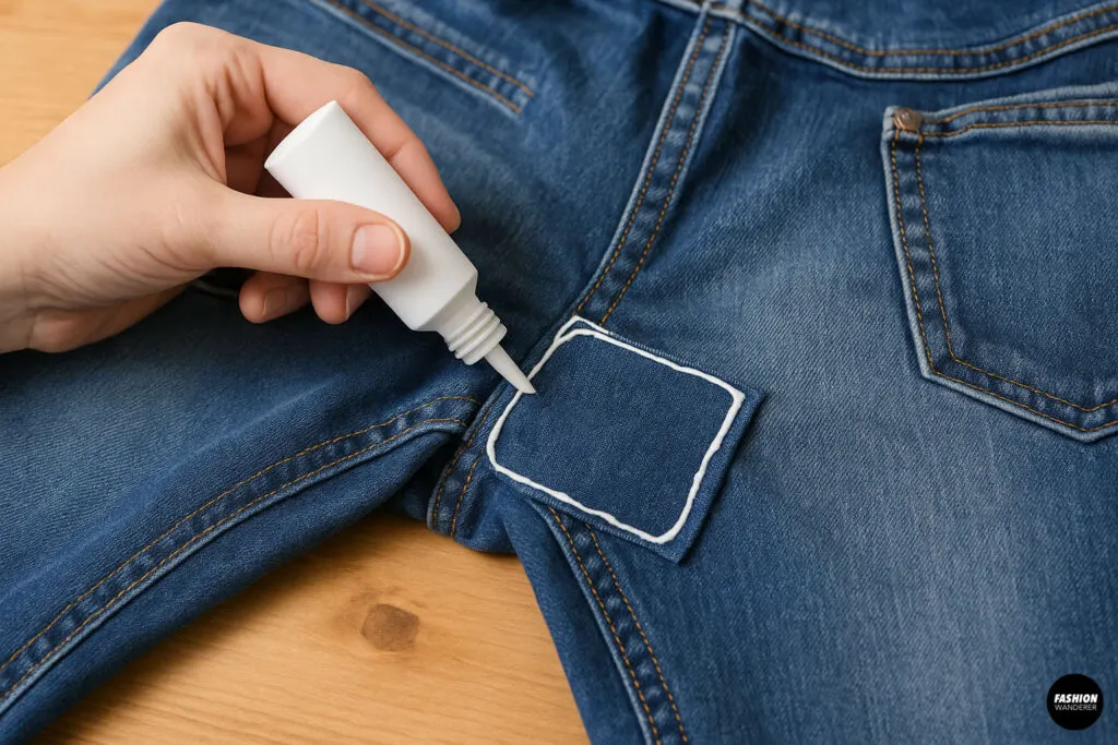Hand applying white fabric glue along the edges of a denim patch adhered to jeans crotch.