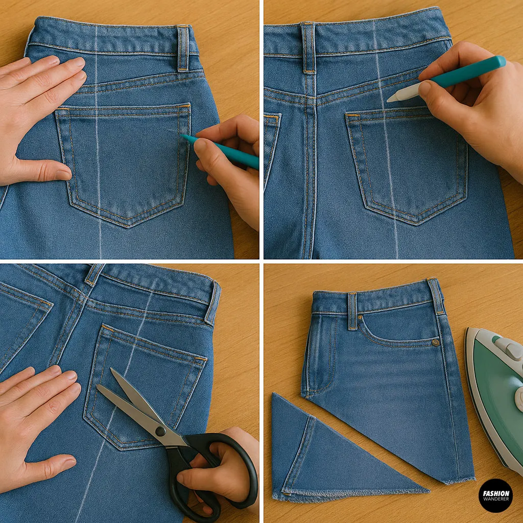 Drawing chalk lines and cutting out excess fabric from jeans to reshape waistband curve