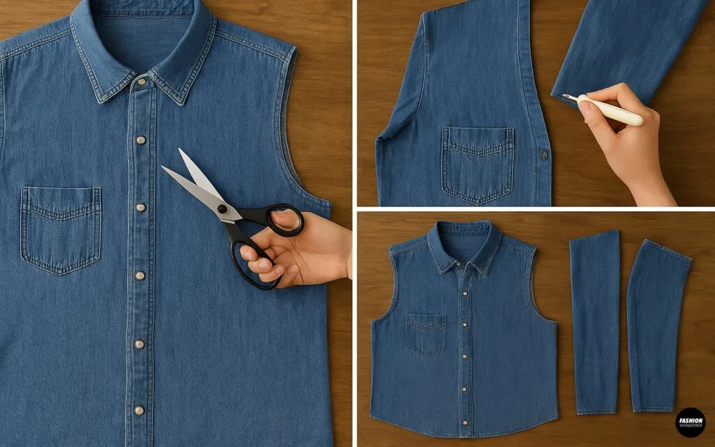 Step-by-step visuals showing sleeves being cut off a denim shirt with fabric scissors and a seam ripper, prepping for halter top transformation.