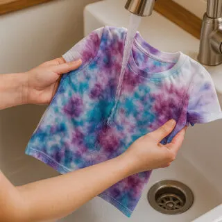 Close-up photo of hands rinsing a small tie-dyed baby t-shirt under running water in a kitchen sink to wash off excess dye.