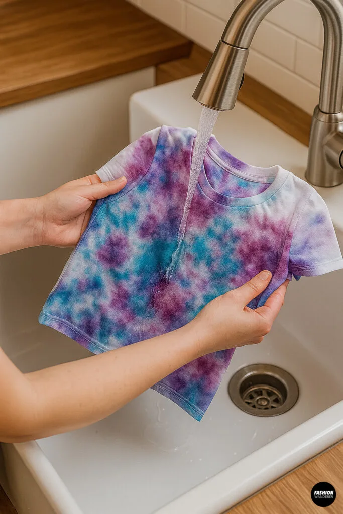 Close-up photo of hands rinsing a small tie-dyed baby t-shirt under running water in a kitchen sink to wash off excess dye.