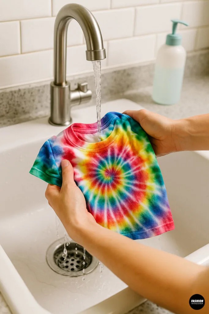 Finished tie dye t-shirt being rinsed under running water in a white sink, revealing a vibrant spiral pattern.