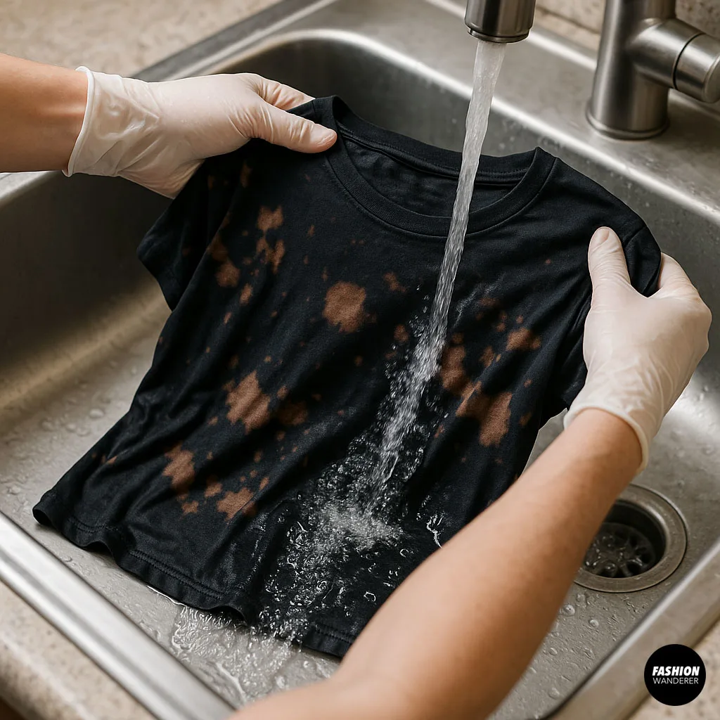Rinsing bleached black t-shirt under running water in sink while wearing gloves — essential step to stop bleach reaction and preserve design.
