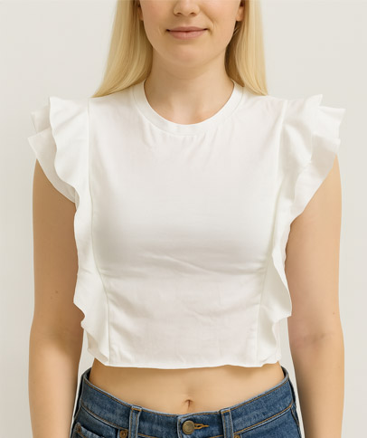 Easy flutter sleeve crop top made from old t-shirt – cute no-sew DIY refashion with feminine details.