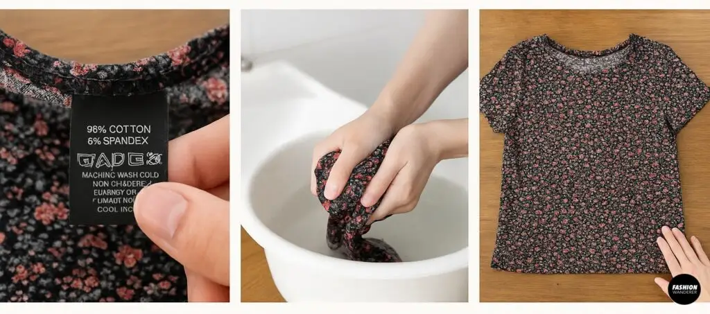 Three-panel collage showing selecting and prepping a stretch floral cotton T-shirt for a DIY tube top: checking the ‘98% cotton 6% spandex’ fabric label, hand-washing the shirt in a sink, and laying it flat on a wooden table ready to cut.