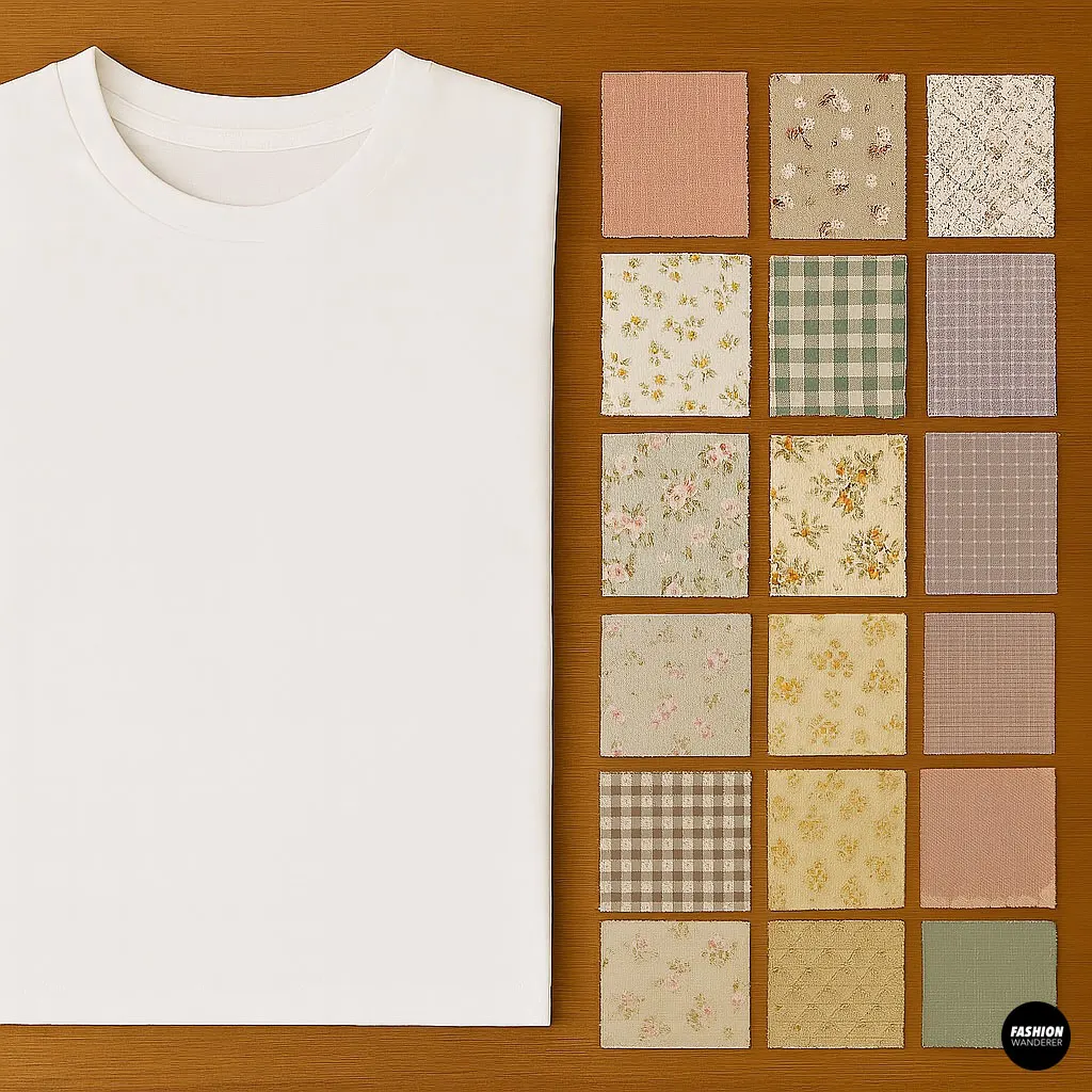 Folded white basic t-shirt with assorted floral and gingham fabric scraps arranged neatly on a wooden table for a cottagecore patchwork pocket project.
