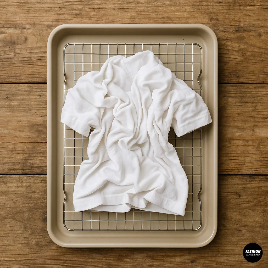 Overhead image showing ice cubes evenly spread over a white cotton t-shirt laid on a wire rack inside a baking pan, preparing for the ice dyeing step.