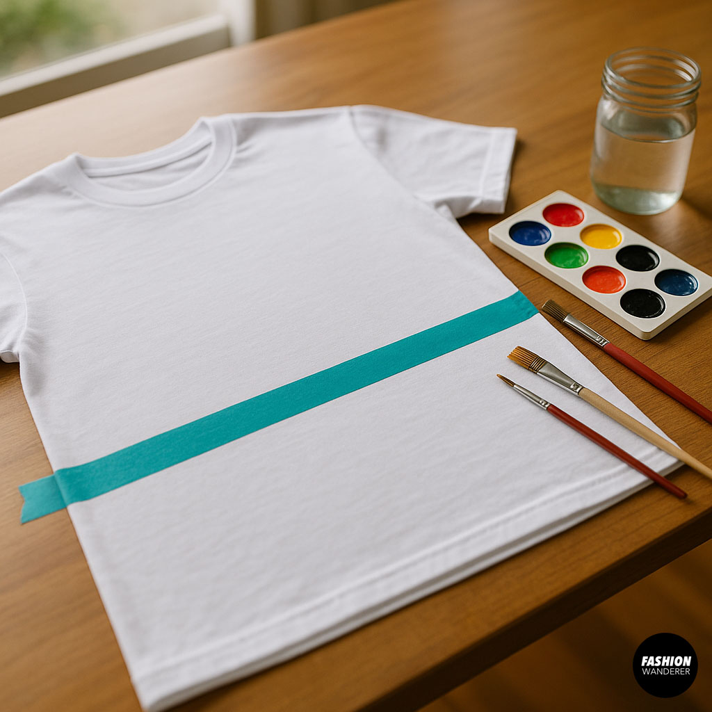 Flatlay of fabric painting supplies for DIY t-shirt art — includes paint jars, brushes, white tee, iron, water cup, masking tape, and paint palette on a wooden table.